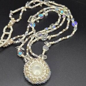 Handmade Beaded Necklace Iridescent Crystals Shell Cabochon Pendant Seed Beads